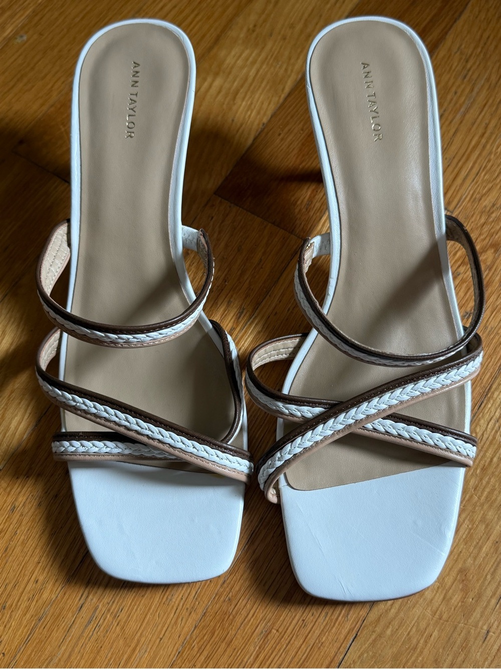 Ann Taylor White, Brown & Cream Braided Strappy Slide Sandals